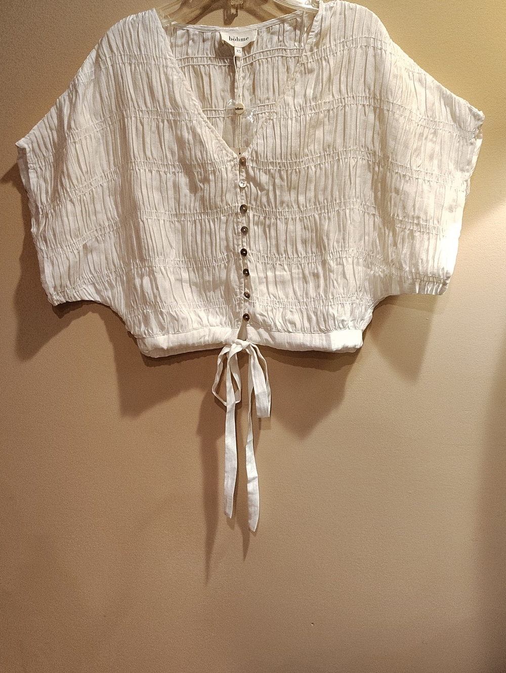 NEW bohme Sz XS White Crinkle Dolman Sleeve Button-Front Tie-Hem Boxy Blouse WM1